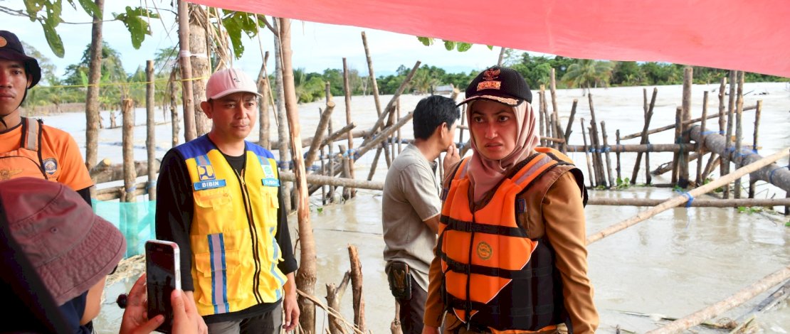 Bupati Luwu Utara Indah Putri Indriani bersama pihak Balai Besar Wilayah Sungai Pompengan Jeneberang (BBWSPJ) meninjau langsung kondisi Desa Pombakka, Kecamatan Malangke Barat, yang terendam akibat tanggul sungai yang jebol.