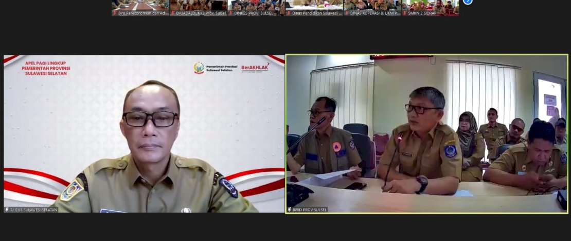 Prof Zudan dalam arahannya di apel pagi melalui zoom meeting bersama seluruh kepala OPD dan seluruh kepala sekolah lingkup Pemprov Sulsel, Senin, 3 Juni 2024. 
