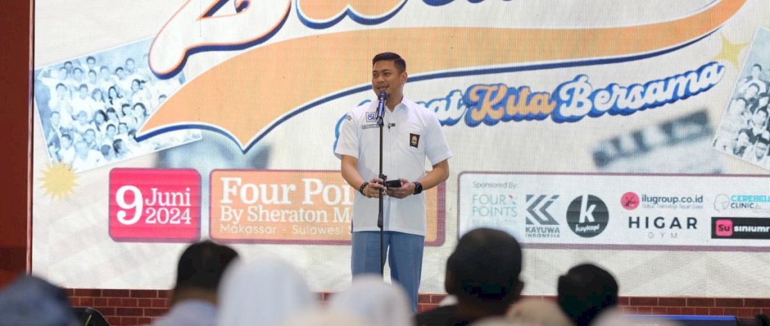 Bupati Gowa Adnan Purichta Ichsan selaku Ketua Ikatan Alumni SMA Negeri 2 (Smada) Makassar Angkatan 2004 kembali mengenang masa sekolah menengahnya melalui Reuni 2 Dekade Smada 2004 Makassar, di Hotel Four Points By Sheraton, Makassar, Minggu malam, 9 Juni 2024.