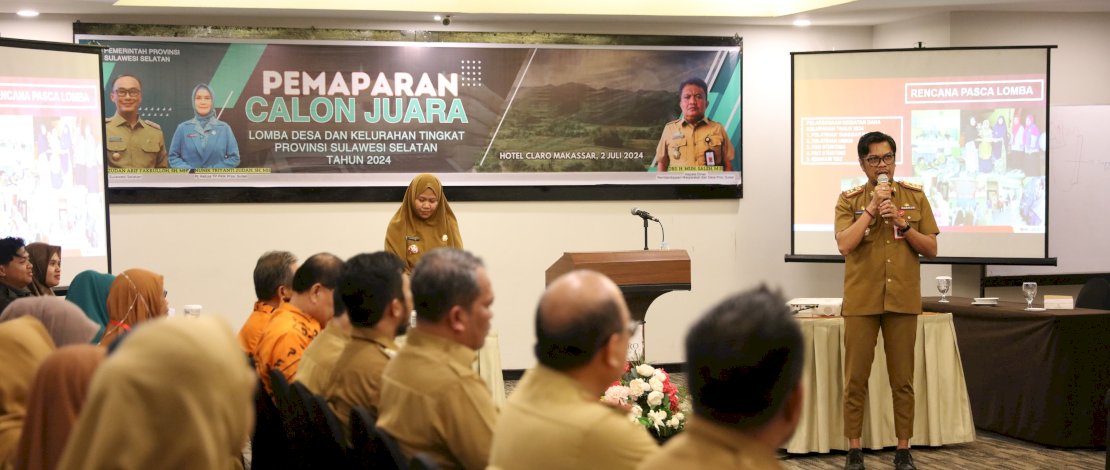 Pj Sekda Makassar, Firman Hamid Pagarra hadir langsung dalam agenda pemaparan calon juara lomba desa dan kelurahan tingkat Provinsi Sulawesi Selatan, di Hotel Claro, Selasa, 2 Juli 2024.