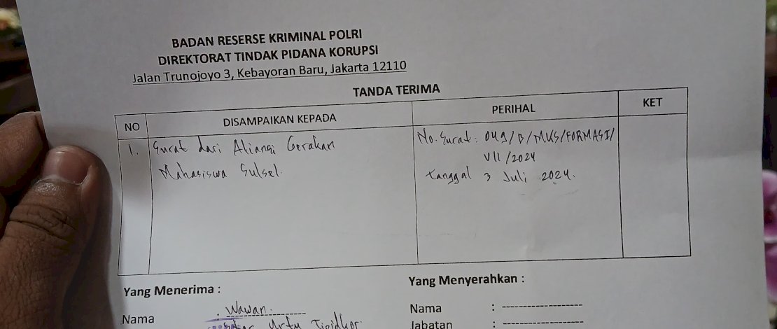 Bukti laporan AGMS ke Bareskrim Polri terkait dugaan gratifikasi atau pemberian suap kepada pejabat Pemkot Palopo berinisial H.