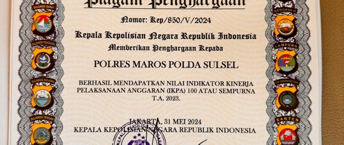 Piagam penghargaan Kapolri kepada Polres Maros.(IST)