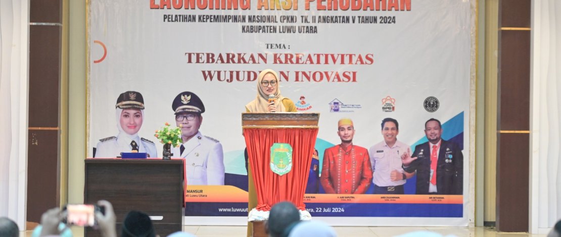 Bupati Luwu Utara, Indah Putri Indriani, saat melaunching lima perubahan dengan tema Tebarkan Kreativitas Wujudkan Inovasi, di Aula La Galigo Kantor Bupati Luwu Utara.