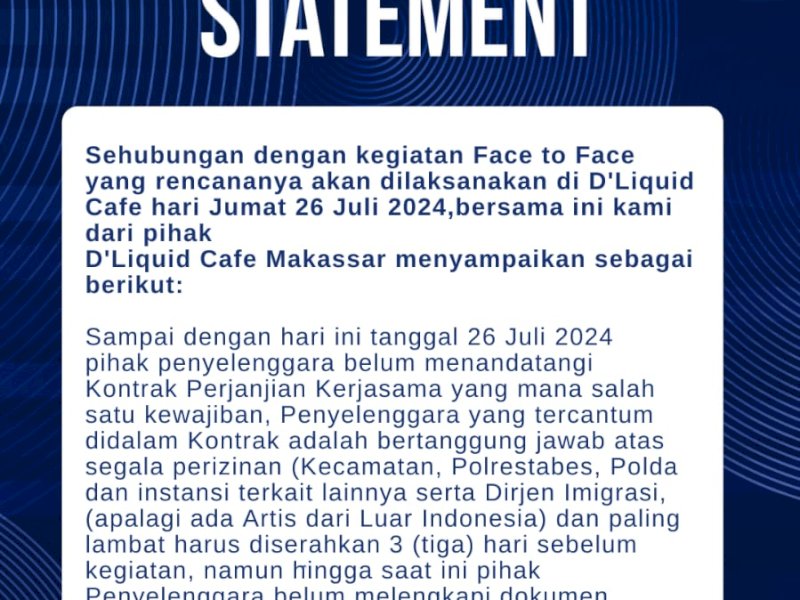 Kegiatan  "Face to Face" Batal Digelar  di D'Liquid,  Claro Hotel: Perizinan Tidak Rampung
