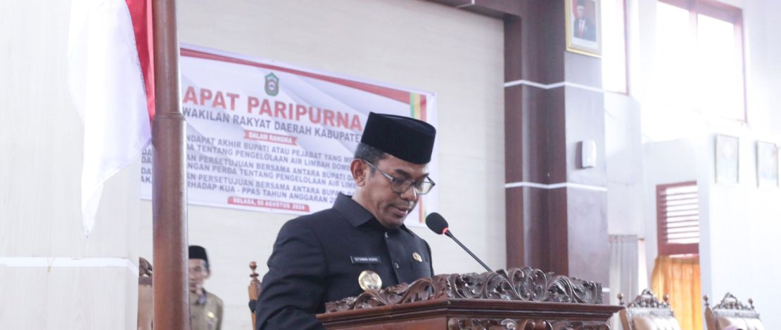 Pj Bupati Takalar, Setiawan Aswad, pada Rapat Paripurna yang berlangsung di Ruang Sidang DPRD Kabupaten Takalar, Selasa, 6 Agustus 2024.