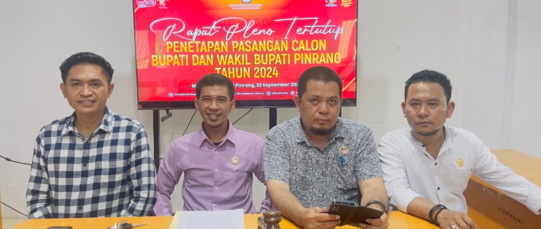 KPU Kabupaten Pinrang telah melaksanakan pleno tertutup, untuk agenda penetapan pasangan calon untuk Pilkada Pinrang, Minggu, 22 September 2024, di Ruang Media Center KPU Pinrang. KPU Kabupaten Pinrang telah melaksanakan pleno tertutup, untuk agenda penetapan pasangan calon untuk Pilkada Pinrang, Minggu, 22 September 2024, di Ruang Media Center KPU Pinrang.