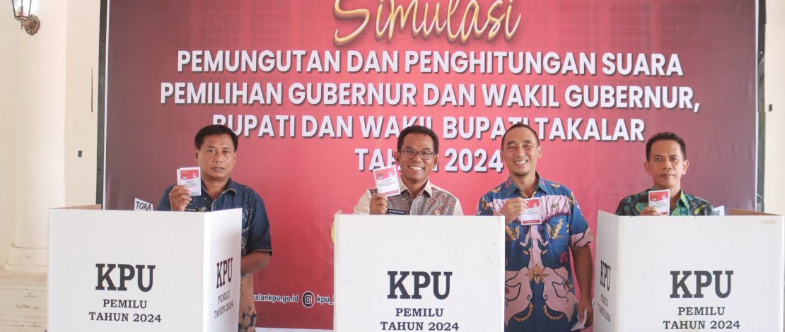 Pj Bupati Takalar Setiawan Aswad hadir dan meninjau langsung Simulasi Pemungutan dan Perhitungan Suara pada Pemilihan Bupati dan Wakil Bupati Kabupaten Takalar Tahun 2024.