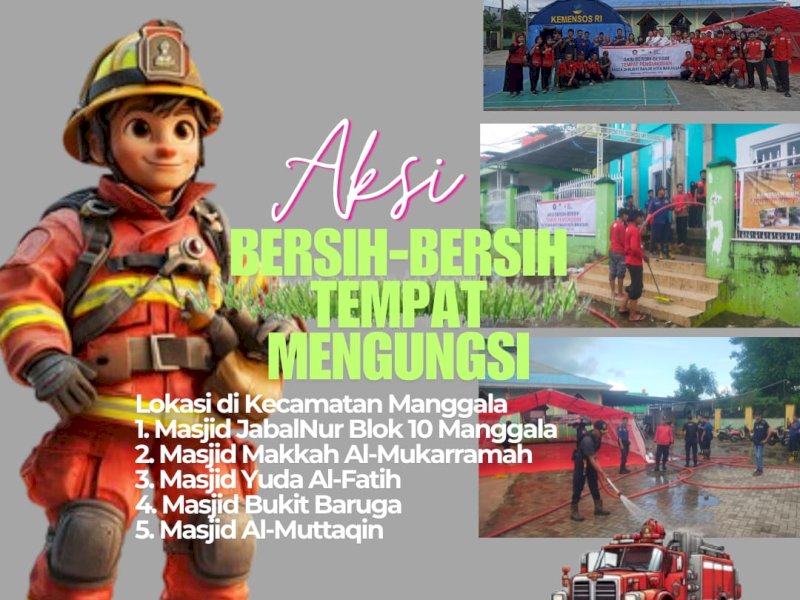 Bareng Sar Polda dan PMI, Damkar Makassar Turunkan Personil Gelar Aksi Bersih-Bersih Posko Banjir