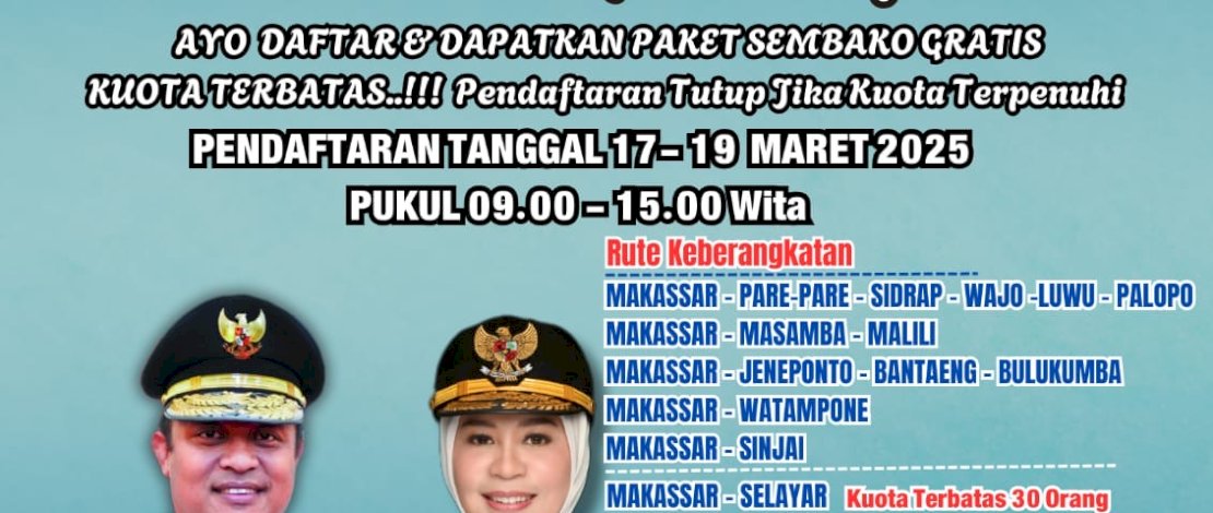 Ayo Daftar! Kuota Mudik Gratis Sulsel 2025 Dibuka 17-19 Maret Ayo Daftar! Kuota Mudik Gratis Sulsel 2025 Dibuka 17-19 Maret