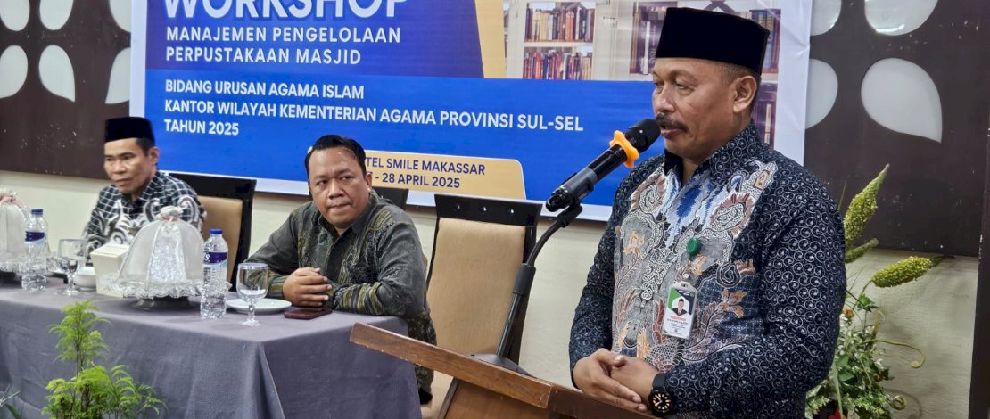 Workshop Manajemen Pengelolaan Perpustakaan Masjid Tahun 2025 yang dihelat Bidang Urusan Agama Islam pada Kanwil Kemenag Provinsi Sulsel, yang berlangsung dua hari, 27 - 28 April 2025, di Aerotel Smile Hotel Makassar.