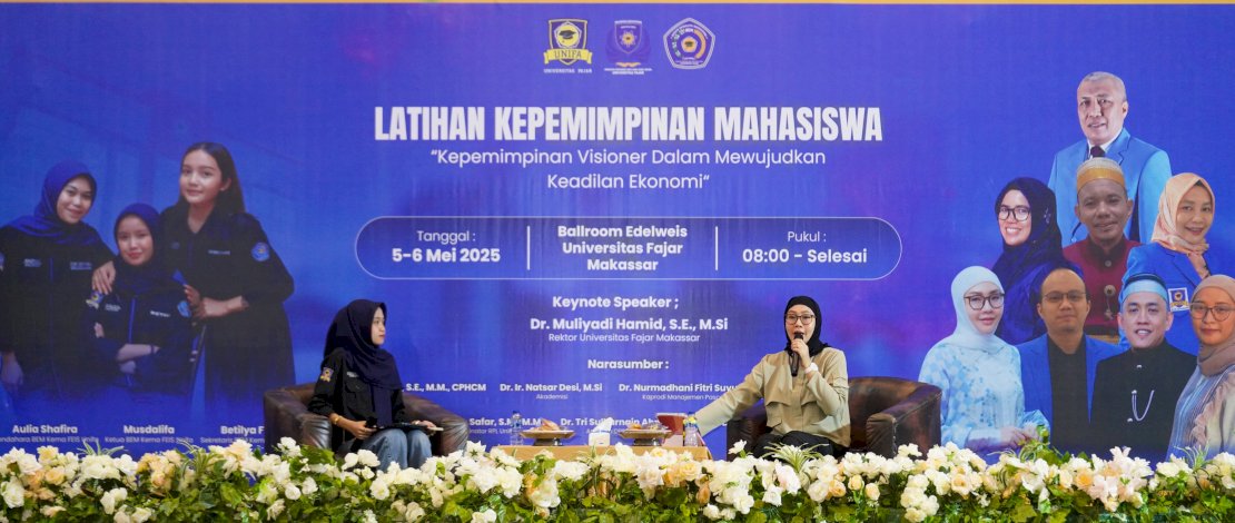 Melani Simon Jufri menjadi narasumber pada Latihan Kepemimpinan Mahasiswa yang mengangkat tema Kepemimpinan Visioner dalam Mewujudkan Keadilan Ekonomi, di Ballroom Edelweis Universitas Fajar (Unifa) Makassar, Senin 5 Mei 2025.
