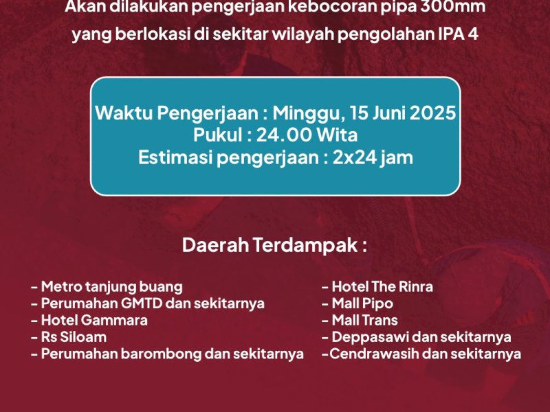 PDAM Lakukan Perbaikan di Sekitar IPA 4, Pasokan Air ke 10 Lokasi Ini Alami Gangguan Sementara