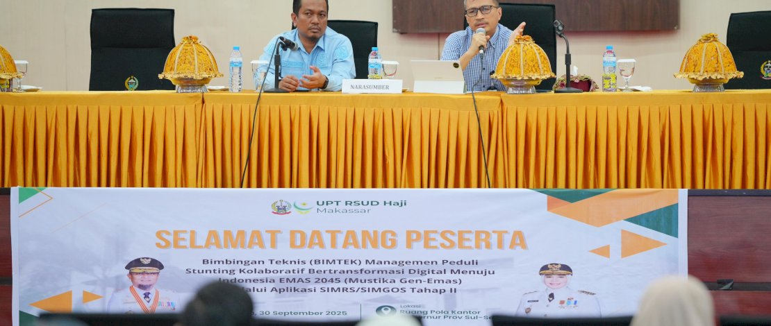 Bimbingan Teknis (Bimtek) Implementasi Pelaporan Stunting Mustika GEN EMAS di Kantor Gubernur Sulsel, Selasa, 30 September 2025.