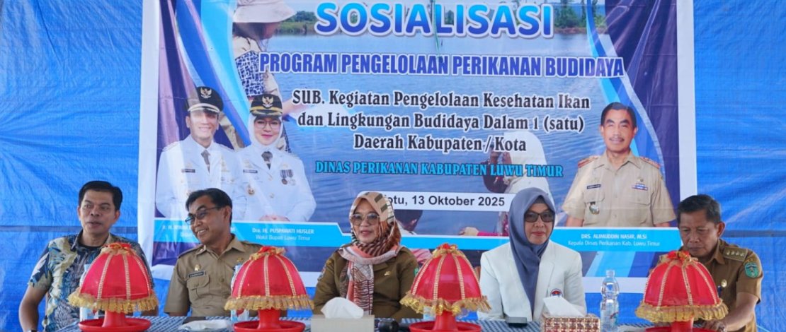 Sosialisasi Program Pengelolaan Perikanan Budidaya dan Pemberdayaan Petani Pembudidaya Ikan yang berlangsung di Bangsal TPI Wotu, Senin, 13 Oktober 2025.