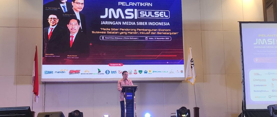 Sekretaris Daerah Provinsi Sulawesi Selatan, Jufri Rahman menghadiri pelantikan Jaringan Media Siber Indonesia (JMSI) Provinsi Sulawesi Selatan Periode 2025-2030 di Hotel Claro Makassar, Sabtu 15 November 2025.