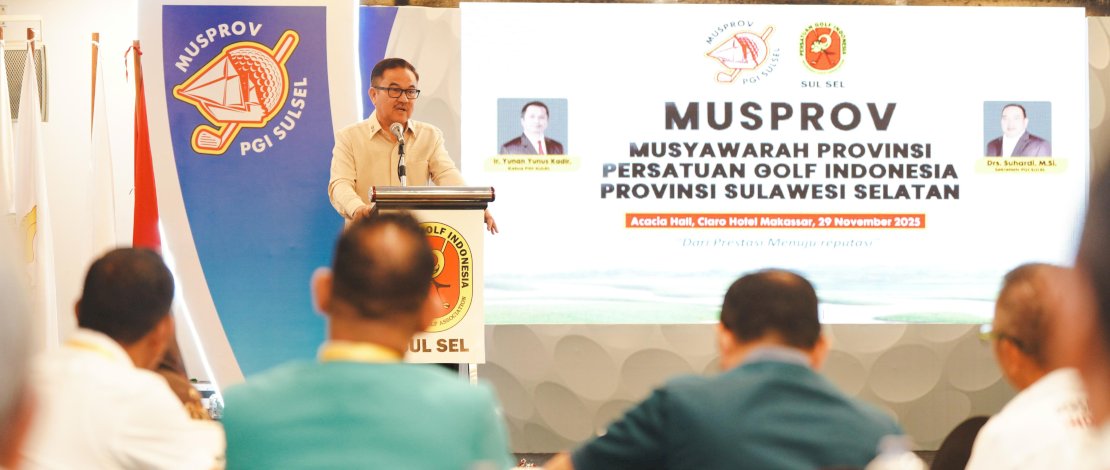Sekretaris Daerah Provinsi Sulsel, Jufri Rahman, secara resmi membuka Musyawarah Provinsi (Musprov) Persatuan Golf Indonesia (PGI) Sulsel yang mengusung tema Dari Prestasi Menuju Reputasi, di Hotel Claro Makassar, Sabtu, 29 November 2025.