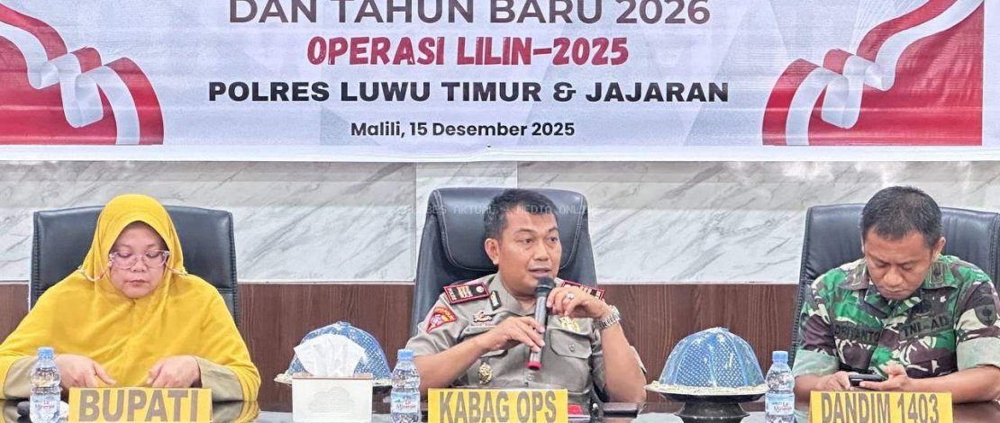 Rapat Koordinasi Kesiapan Pengamanan Operasi Lilin 2025, yang dilaksanakan pada Senin, 15 Desember 2025, di Aula Tribrata Polres Luwu Timur.