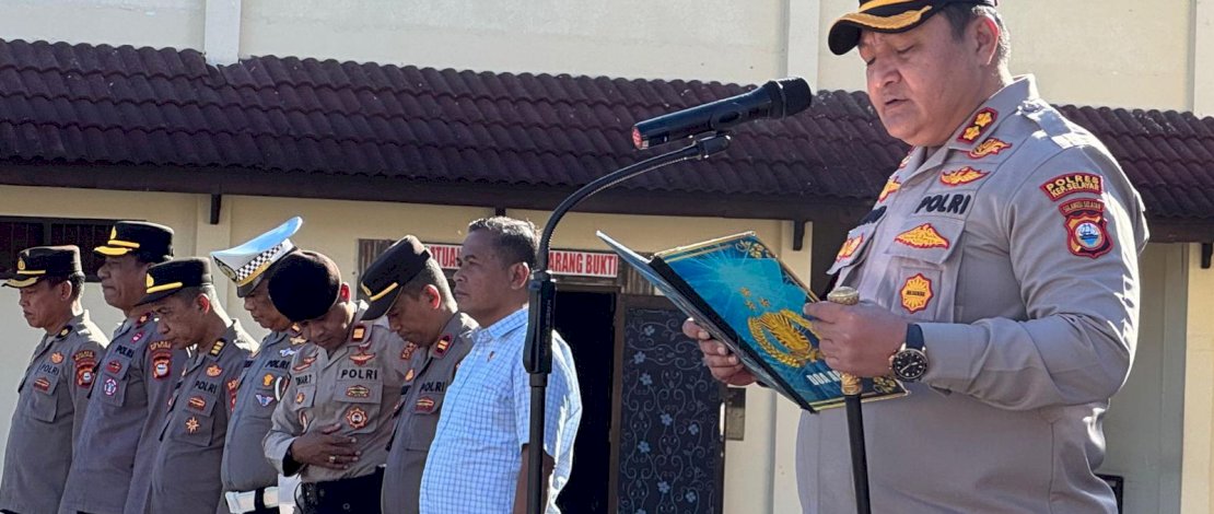 Kapolres Selayar, AKBP Didid Imawan, saat memimpin apel pagi dan memberikan arahan terkait antisipasi panic buying serta penindakan terhadap penimbunan BBM, Kamis, 16 April 2026, di Lapangan Apel Mapolres.