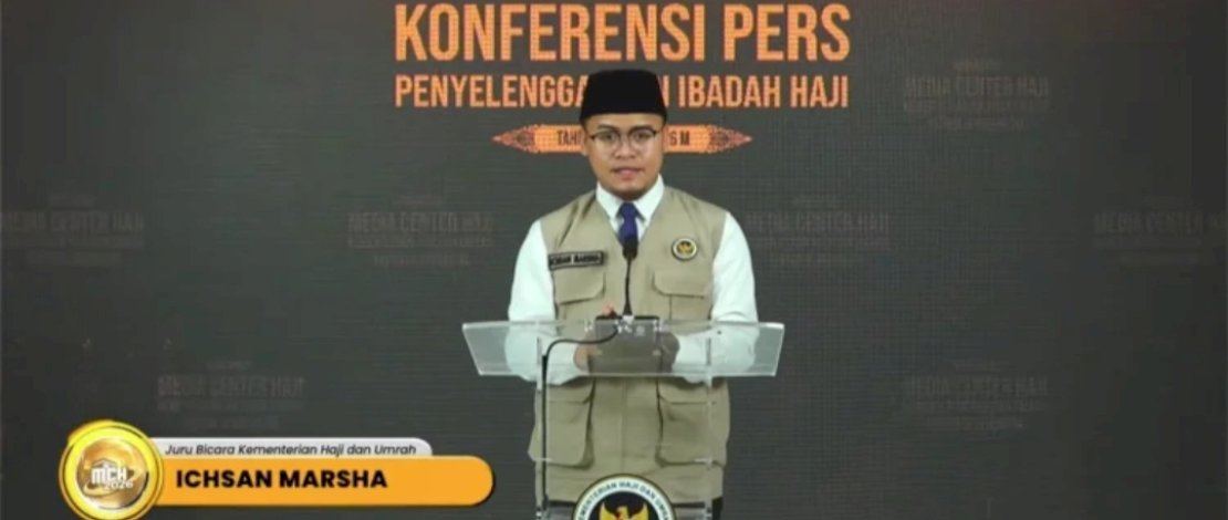 Juru Bicara Kementerian Haji (Kemenhaj), Ichsan Marsha, dalam keterangan pers Penyelenggaraan Ibadah Haji 1447 H/2026 M yang disiarkan live di YouTube Kementerian Haji dan Umrah RI, Jumat, 24 April 2026.