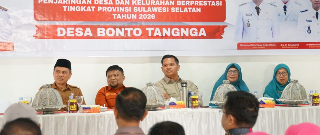 Bupati Bantaeng, M. Fathul Fauzi Nurdin, menghadiri kegiatan Verifikasi Lapangan Penjaringan Desa dan Kelurahan Berprestasi Tingkat Provinsi Sulawesi Selatan Tahun 2026, yang berlangsung di Kantor Desa Bonto Tangnga, Kecamatan Uluere, Kabupaten Bantaeng, Selasa, 28 Juli 2026.
