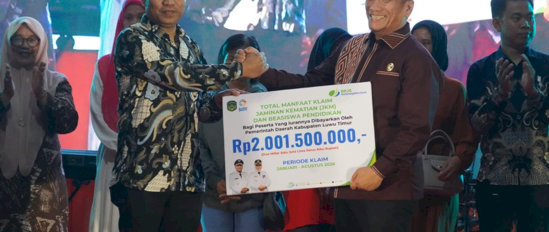 Penyerahan klaim Jaminan Kematian (JKM) dan Beasiswa Pendidikan dari BPJS Ketenagakerjaan Luwu Timur kepada 51 penerima manfaat.