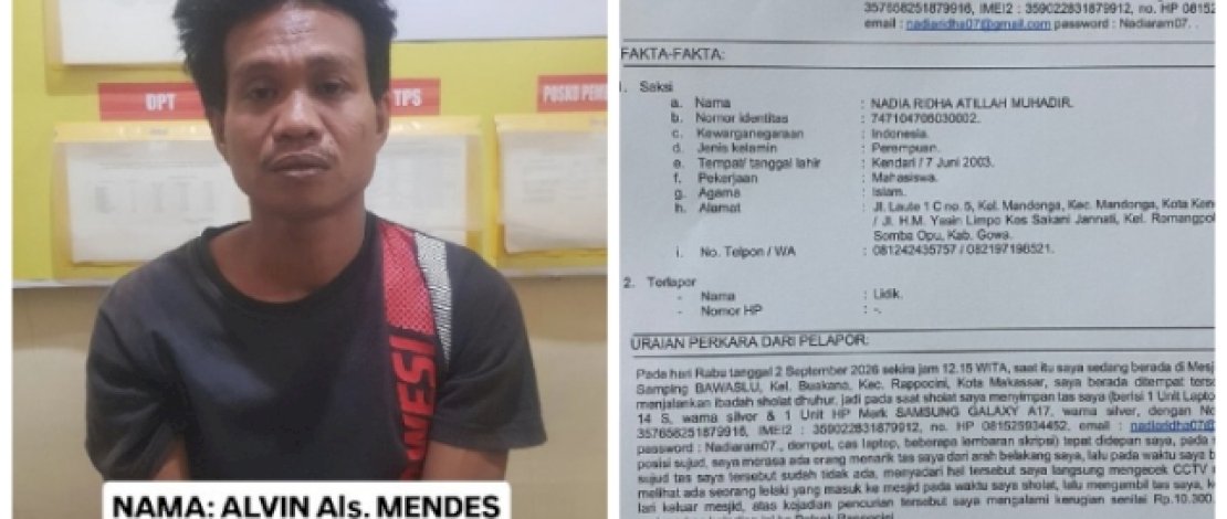 Tas Mahasiswi Dicuri Saat Salat Masjid Al-Fatah Makassar, Jatanras Bekuk Pelaku di Perumnas Antang