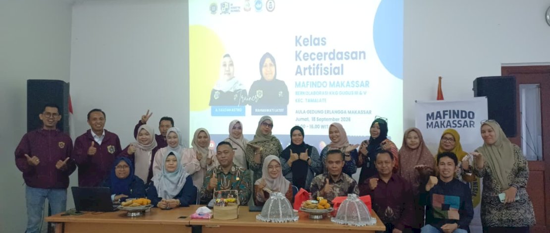 Kolaborasi MAFINDO Makassar bersama Kelompok Kerja Guru (KKG) Gugus III dan Gugus V Kecamatan Tamalate dalam kegiatan bertema Peningkatan Kapasitas Pembelajaran Guru Berbasis AI.