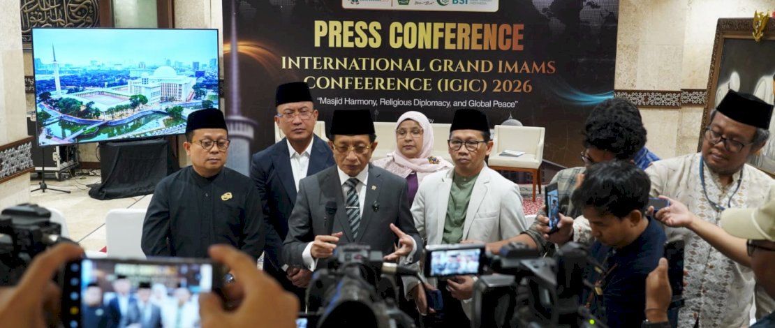 Menag Nasaruddin Umar saat Konfrensi Pers terkait penyelenggaraan Grand Imams Conference&nbsp;(IGIC) 2026.
