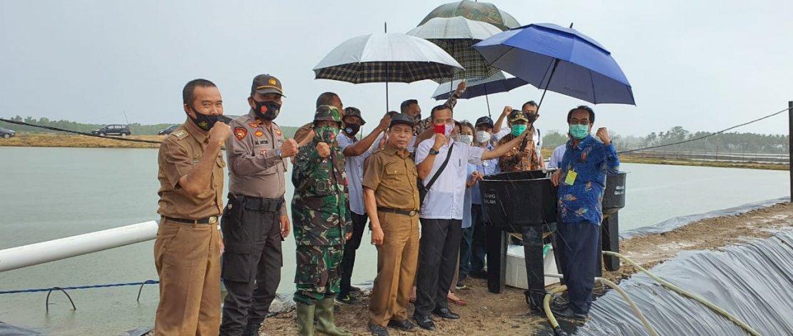 Suasana seremoni pembagian bibit udang dan revitalisasi tambak di Desa Lagaruda, Takalar.