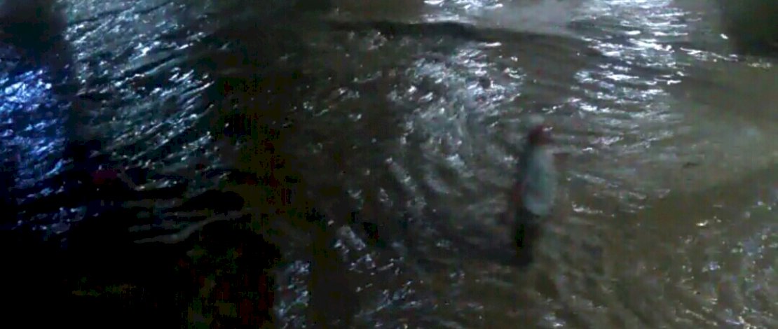 Seorang ibu tampak menyelamatkan anaknya ke lantai dua masjid Suhada, Radda, Luwu Utara.