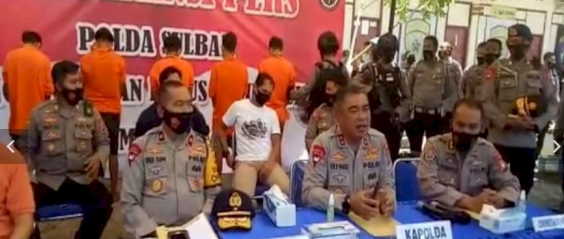 Para pembunuh Demas Laira, Demas Laira yang menjadi korban pembunuhan, serta konferensi pers yang digelar Polda Sulbar di Polres Mateng.