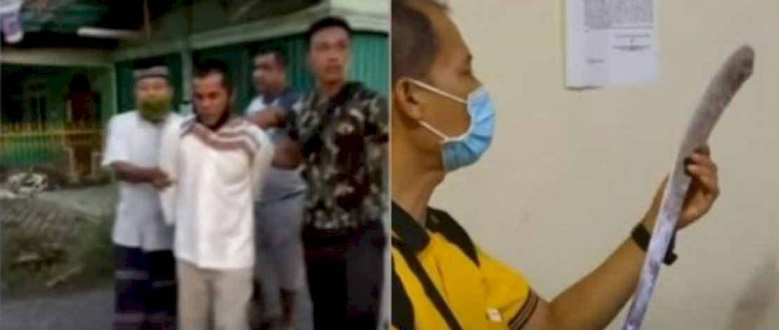 Pelaku saat diamankan (kiri). Barang bukti parang diamankan petugas (kanan).