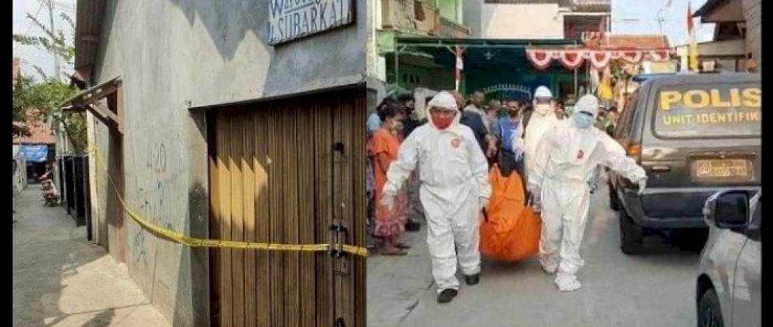 TKP pembunuhan diberi garis polisi (kiri). Korban saat dievakuasi petugas (kanan). TKP pembunuhan diberi garis polisi (kiri). Korban saat dievakuasi petugas (kanan).