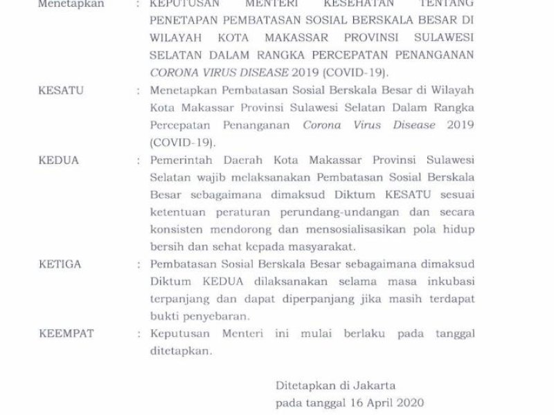 Beredar Surat Menkes Setujui PSBB di Makassar