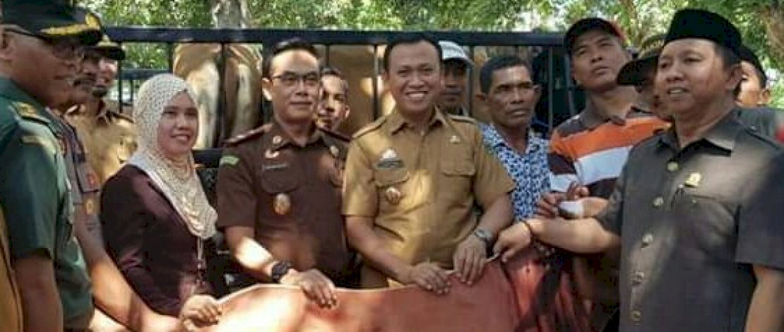 Ketua DPRD Takalar, Darwis Sijaya (kanan) bersama Forkopimda, mendampingi Bupati Takalar H Syamsari menyerahkan sapi secara simbolis.