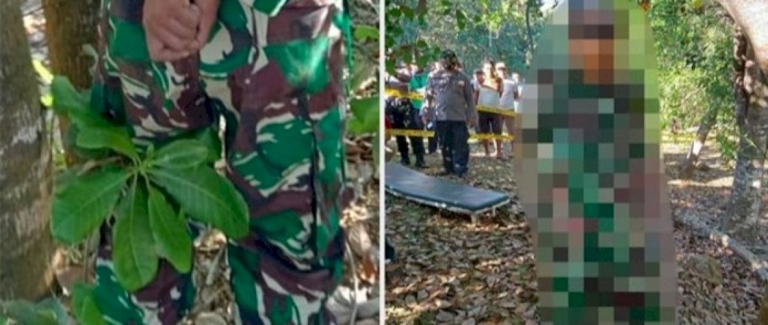 Serda Rusdi saat ditemukan tewas tergantung di pohon jambu. Serda Rusdi saat ditemukan tewas tergantung di pohon jambu.