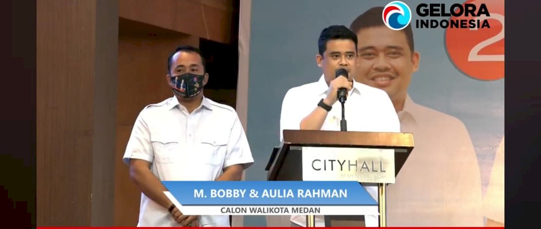 Fahri Hamzah saat menghadiri deklarasi Partai Gelora ke pasangan Bobby-Aliah di Medan. 