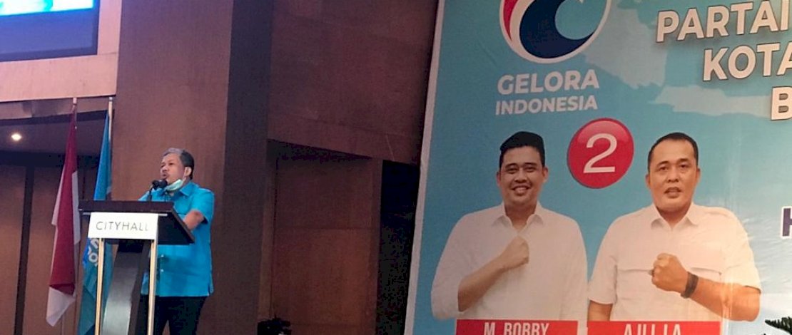 Fahri Hamzah saat menghadiri deklarasi Partai Gelora ke pasangan Bobby-Aliah di Medan. 