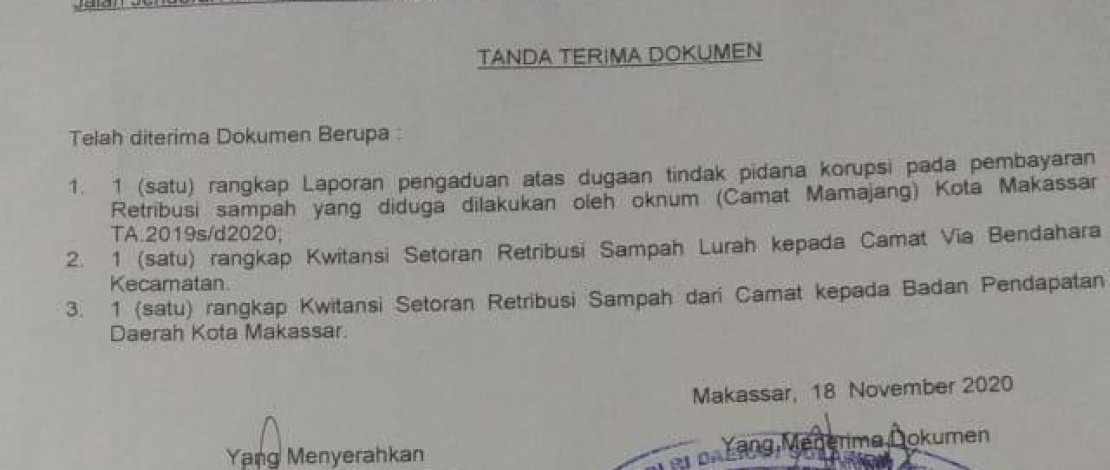 Bukti penerimaan berkas laporan di Polrestabes Makassar.