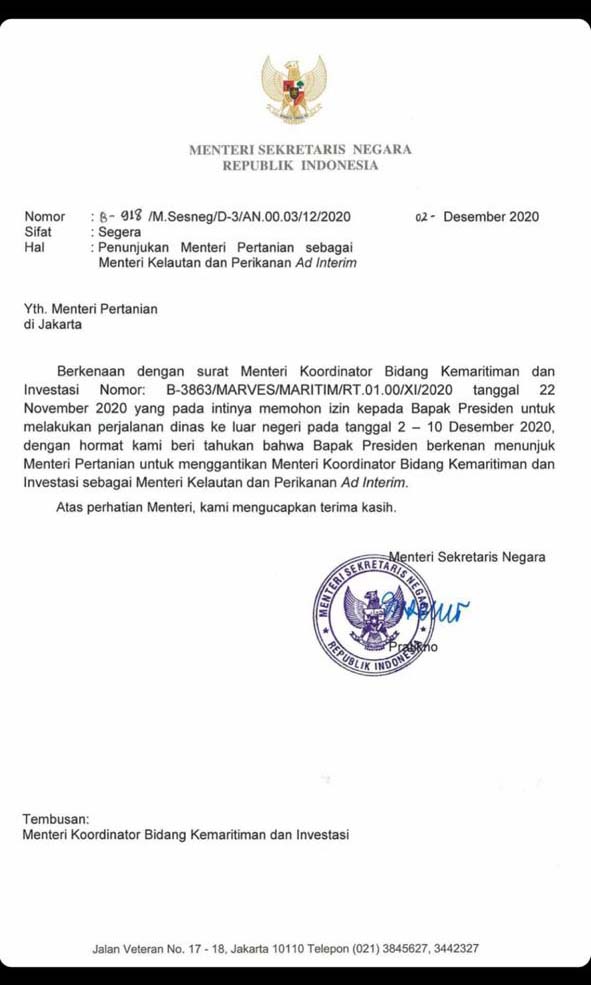 Surat penunjukan Menteri Pertanian sebagai Menteri Kelautan dan Perikanan
